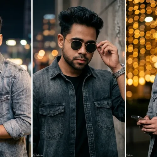 A three-panel cinematic collage featuring a young South Asian man in various realistic fashion poses at night, wearing a dark acid-wash denim jacket over a black shirt, and round dark sunglasses. He wears a silver watch and holds a phone in one panel. The background is a sophisticated blur of warm city lights and fairy light bokeh, illustrating realistic male portrait AI prompts on All AI Prompt Hub.