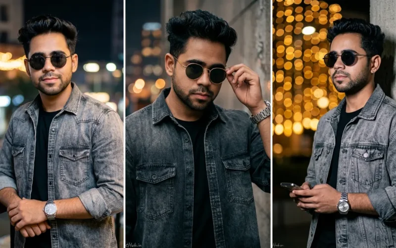 A three-panel cinematic collage featuring a young South Asian man in various realistic fashion poses at night, wearing a dark acid-wash denim jacket over a black shirt, and round dark sunglasses. He wears a silver watch and holds a phone in one panel. The background is a sophisticated blur of warm city lights and fairy light bokeh, illustrating realistic male portrait AI prompts on All AI Prompt Hub.