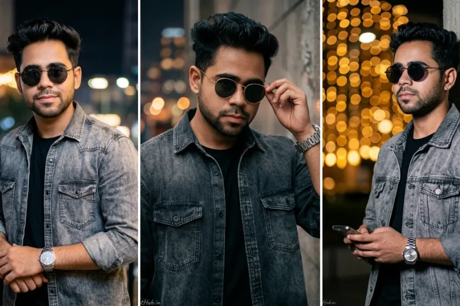 A three-panel cinematic collage featuring a young South Asian man in various realistic fashion poses at night, wearing a dark acid-wash denim jacket over a black shirt, and round dark sunglasses. He wears a silver watch and holds a phone in one panel. The background is a sophisticated blur of warm city lights and fairy light bokeh, illustrating realistic male portrait AI prompts on All AI Prompt Hub.