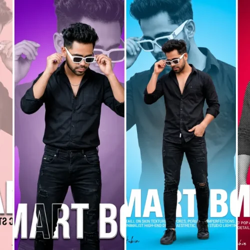 A four-panel cinematic collage featuring a young man with short dark hair in various realistic fashion poses, wearing an all-black button-up shirt and black distressed jeans with large white sunglasses. He strikes dynamic poses, including adjusting sunglasses and hand-in-pocket stances against pink, purple, blue, and red backgrounds. Large text overlays on the bottom read 'SMART BOY,' illustrating realistic male portrait AI prompts on All AI Prompt Hub