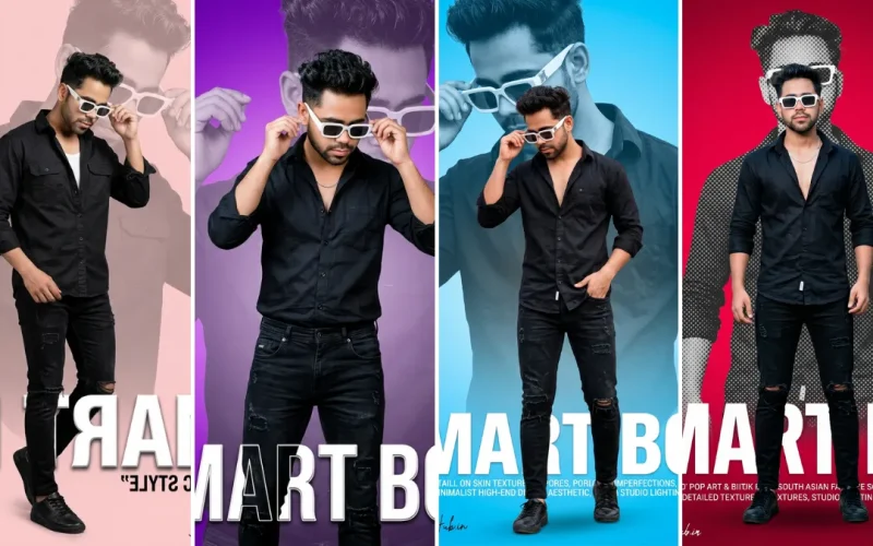 A four-panel cinematic collage featuring a young man with short dark hair in various realistic fashion poses, wearing an all-black button-up shirt and black distressed jeans with large white sunglasses. He strikes dynamic poses, including adjusting sunglasses and hand-in-pocket stances against pink, purple, blue, and red backgrounds. Large text overlays on the bottom read 'SMART BOY,' illustrating realistic male portrait AI prompts on All AI Prompt Hub