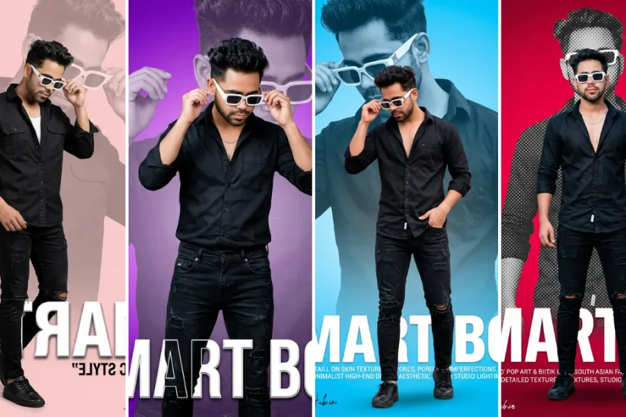 A four-panel cinematic collage featuring a young man with short dark hair in various realistic fashion poses, wearing an all-black button-up shirt and black distressed jeans with large white sunglasses. He strikes dynamic poses, including adjusting sunglasses and hand-in-pocket stances against pink, purple, blue, and red backgrounds. Large text overlays on the bottom read 'SMART BOY,' illustrating realistic male portrait AI prompts on All AI Prompt Hub