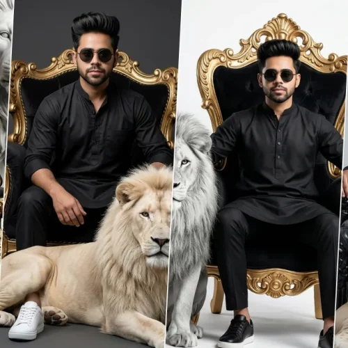 A four-panel cinematic collage featuring a young man with short dark hair in a distinct black traditional kurta and pajamas. He striking varied relaxed and powerful poses with dark sunglasses, sitting on detailed gold and black baroque-style thrones. In some panels, a majestic light-colored or white lion rests peacefully beside him. Intricate lion statues and contrasting dark and light studio backgrounds are present, illustrating realistic male portrait AI prompts on All AI Prompt Hub