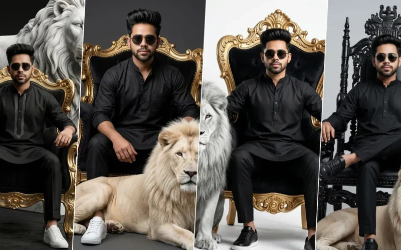 A four-panel cinematic collage featuring a young man with short dark hair in a distinct black traditional kurta and pajamas. He striking varied relaxed and powerful poses with dark sunglasses, sitting on detailed gold and black baroque-style thrones. In some panels, a majestic light-colored or white lion rests peacefully beside him. Intricate lion statues and contrasting dark and light studio backgrounds are present, illustrating realistic male portrait AI prompts on All AI Prompt Hub