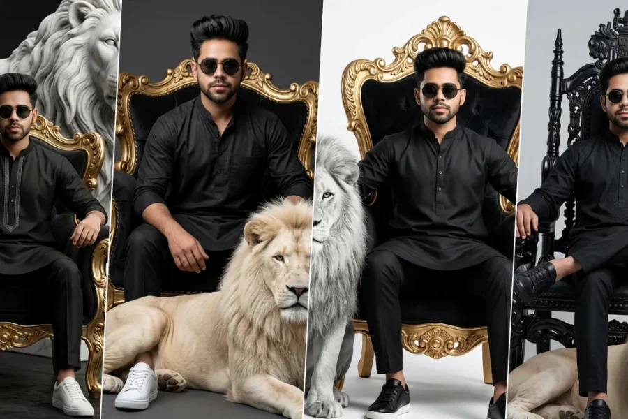 A four-panel cinematic collage featuring a young man with short dark hair in a distinct black traditional kurta and pajamas. He striking varied relaxed and powerful poses with dark sunglasses, sitting on detailed gold and black baroque-style thrones. In some panels, a majestic light-colored or white lion rests peacefully beside him. Intricate lion statues and contrasting dark and light studio backgrounds are present, illustrating realistic male portrait AI prompts on All AI Prompt Hub