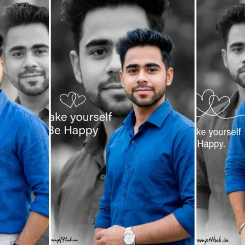 A three-panel cinematic collage featuring a young man with short dark hair in a distinct blue linen button-up shirt and khaki trousers. He strikes various relaxed poses with hands in pockets against a backdrop of natural sunlight. A black and white ghosted shadow image of his face is superimposed in the background, creating a double exposure effect. Small cursive text with hearts on the left panel reads 'Make yourself Be Happy.' The bottom has the 'All AI Prompt Hub.in' watermark, illustrating realistic male portrait AI prompts