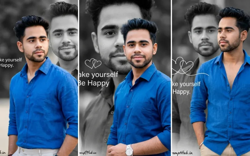 A three-panel cinematic collage featuring a young man with short dark hair in a distinct blue linen button-up shirt and khaki trousers. He strikes various relaxed poses with hands in pockets against a backdrop of natural sunlight. A black and white ghosted shadow image of his face is superimposed in the background, creating a double exposure effect. Small cursive text with hearts on the left panel reads 'Make yourself Be Happy.' The bottom has the 'All AI Prompt Hub.in' watermark, illustrating realistic male portrait AI prompts