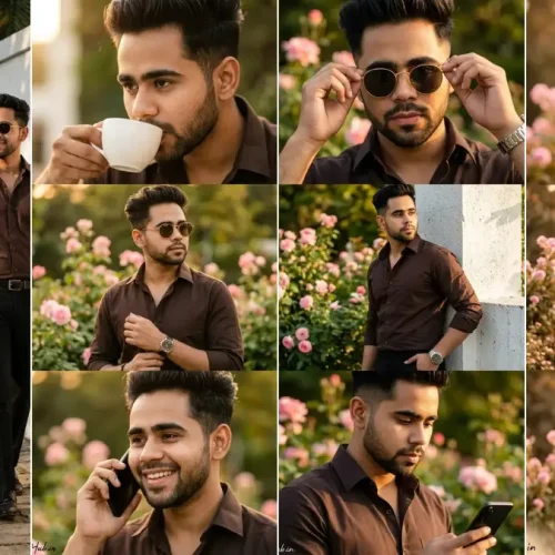 A twelve-panel cinematic collage featuring a young South Asian man with short dark hair in a brown button-down shirt and black trousers, striking various casual poses, including drinking from a white coffee cup, checking a silver watch, using a black smartphone, and walking through a sunny garden park with pink roses and green trees, illustrating realistic male model AI prompts on All AI Prompt Hub.