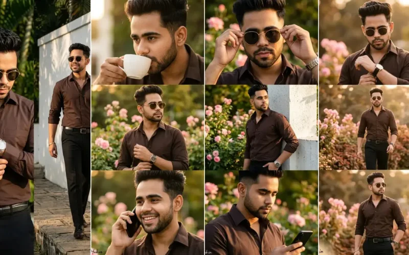 A twelve-panel cinematic collage featuring a young South Asian man with short dark hair in a brown button-down shirt and black trousers, striking various casual poses, including drinking from a white coffee cup, checking a silver watch, using a black smartphone, and walking through a sunny garden park with pink roses and green trees, illustrating realistic male model AI prompts on All AI Prompt Hub.
