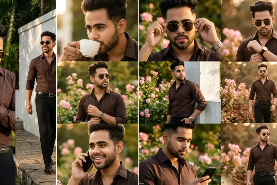 A twelve-panel cinematic collage featuring a young South Asian man with short dark hair in a brown button-down shirt and black trousers, striking various casual poses, including drinking from a white coffee cup, checking a silver watch, using a black smartphone, and walking through a sunny garden park with pink roses and green trees, illustrating realistic male model AI prompts on All AI Prompt Hub.
