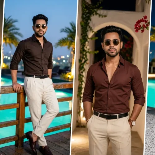 A four-panel cinematic collage featuring realistic AI-generated portraits of a young South Asian man with short dark hair in a brown button-down shirt and black trousers. He strikes dynamic poses, including adjusting sunglasses, holding a phone, drinking from a white coffee cup, and looking thoughtfully against varied settings like a garden with roses and a terrace at sunset, illustrating realistic male and lifestyle portrait AI prompts on All AI Prompt Hub