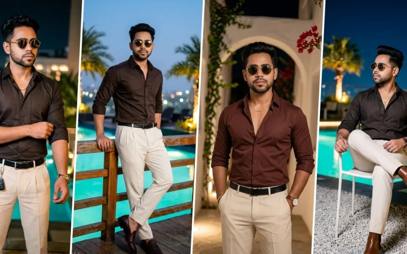 A four-panel cinematic collage featuring realistic AI-generated portraits of a young South Asian man with short dark hair in a brown button-down shirt and black trousers. He strikes dynamic poses, including adjusting sunglasses, holding a phone, drinking from a white coffee cup, and looking thoughtfully against varied settings like a garden with roses and a terrace at sunset, illustrating realistic male and lifestyle portrait AI prompts on All AI Prompt Hub