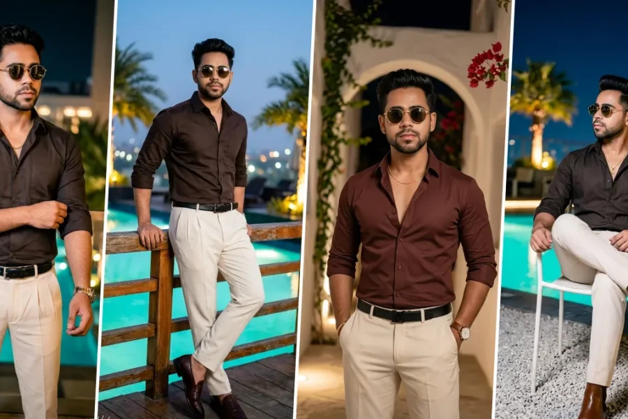 A four-panel cinematic collage featuring realistic AI-generated portraits of a young South Asian man with short dark hair in a brown button-down shirt and black trousers. He strikes dynamic poses, including adjusting sunglasses, holding a phone, drinking from a white coffee cup, and looking thoughtfully against varied settings like a garden with roses and a terrace at sunset, illustrating realistic male and lifestyle portrait AI prompts on All AI Prompt Hub