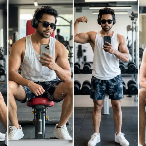 A three-panel cinematic collage featuring a young South Asian man with short curly hair in various confident poses at a modern gym, taking mirror selfies with a white iPhone 14 Pro. In one panel, he is flexing his right bicep while standing, showing muscle definition, and in another, he is sitting on a red workout bench. He is wearing a white sleeveless mesh tank top, black and patterned athletic shorts, and white sneakers, illustrating realistic male and fitness portrait AI prompts on All AI Prompt Hub.