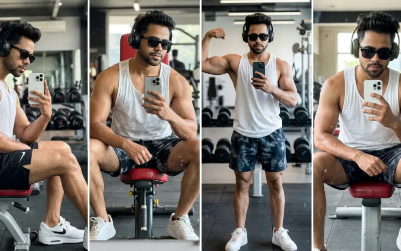 A three-panel cinematic collage featuring a young South Asian man with short curly hair in various confident poses at a modern gym, taking mirror selfies with a white iPhone 14 Pro. In one panel, he is flexing his right bicep while standing, showing muscle definition, and in another, he is sitting on a red workout bench. He is wearing a white sleeveless mesh tank top, black and patterned athletic shorts, and white sneakers, illustrating realistic male and fitness portrait AI prompts on All AI Prompt Hub.