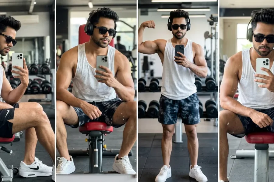 A three-panel cinematic collage featuring a young South Asian man with short curly hair in various confident poses at a modern gym, taking mirror selfies with a white iPhone 14 Pro. In one panel, he is flexing his right bicep while standing, showing muscle definition, and in another, he is sitting on a red workout bench. He is wearing a white sleeveless mesh tank top, black and patterned athletic shorts, and white sneakers, illustrating realistic male and fitness portrait AI prompts on All AI Prompt Hub.