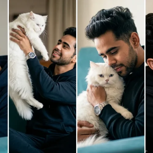 A five-panel cinematic collage featuring a young South Asian man with short curly hair in various relaxed and affectionate poses with a white Persian cat. In some panels, he is hugging, holding, or looking gently at the cat. The backgrounds include a sophisticated turquoise armchair and a warm, bokeh-filled living space with fairy lights. He is wearing a dark hoodie and a silver watch, illustrating realistic male and pet portrait AI prompts on All AI Prompt Hub