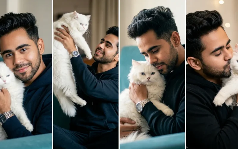 A five-panel cinematic collage featuring a young South Asian man with short curly hair in various relaxed and affectionate poses with a white Persian cat. In some panels, he is hugging, holding, or looking gently at the cat. The backgrounds include a sophisticated turquoise armchair and a warm, bokeh-filled living space with fairy lights. He is wearing a dark hoodie and a silver watch, illustrating realistic male and pet portrait AI prompts on All AI Prompt Hub