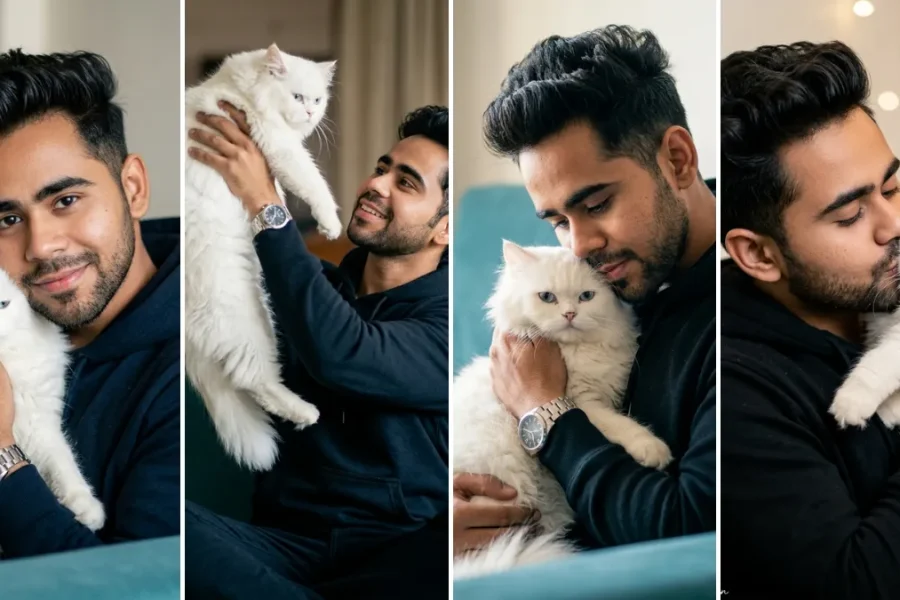 A five-panel cinematic collage featuring a young South Asian man with short curly hair in various relaxed and affectionate poses with a white Persian cat. In some panels, he is hugging, holding, or looking gently at the cat. The backgrounds include a sophisticated turquoise armchair and a warm, bokeh-filled living space with fairy lights. He is wearing a dark hoodie and a silver watch, illustrating realistic male and pet portrait AI prompts on All AI Prompt Hub