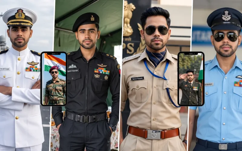 AI uniform photo prompts for men featuring realistic army, navy, police and officer portraits