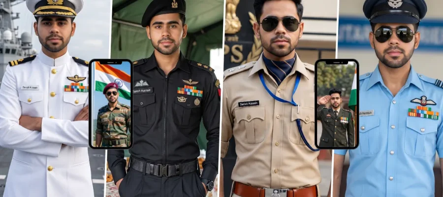 AI uniform photo prompts for men featuring realistic army, navy, police and officer portraits