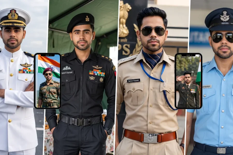 AI uniform photo prompts for men featuring realistic army, navy, police and officer portraits