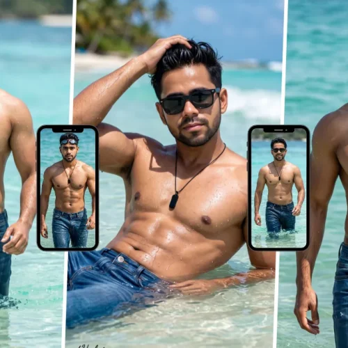 Stylish young man posing shirtless in crystal-clear ocean water wearing wet blue jeans and sunglasses