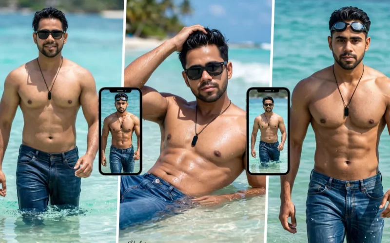 Stylish young man posing shirtless in crystal-clear ocean water wearing wet blue jeans and sunglasses