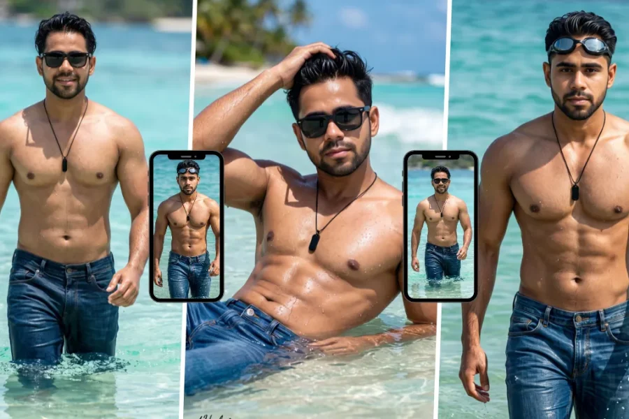 Stylish young man posing shirtless in crystal-clear ocean water wearing wet blue jeans and sunglasses