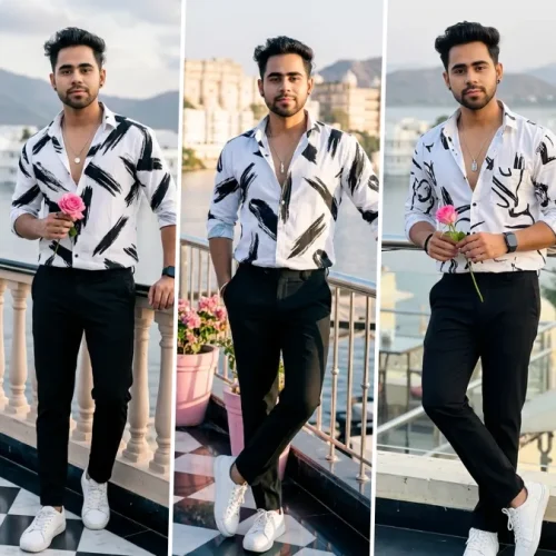 Stylish male model in printed white shirt and black trousers generated with AI fashion photography prompt