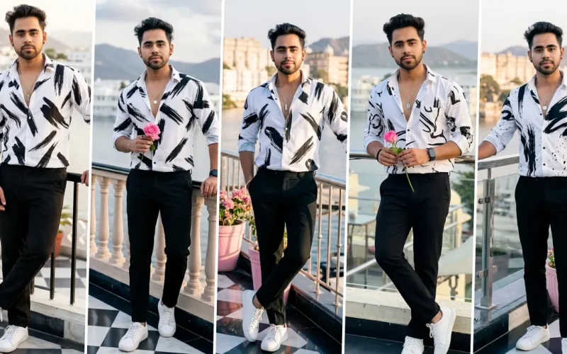 Stylish male model in printed white shirt and black trousers generated with AI fashion photography prompt