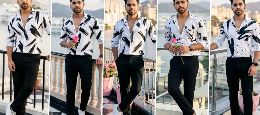 Stylish male model in printed white shirt and black trousers generated with AI fashion photography prompt