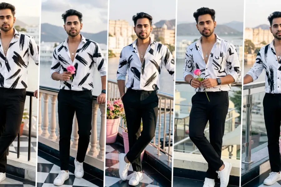 Stylish male model in printed white shirt and black trousers generated with AI fashion photography prompt