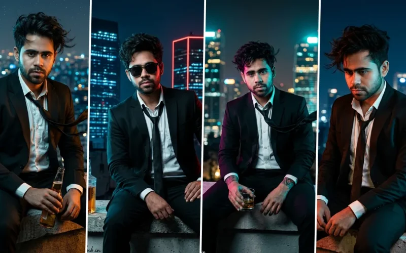 Ultra realistic cinematic AI night portrait of man in suit with city skyline background and neon lighting
