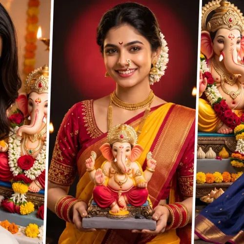 Woman in traditional saree posing with Lord Ganesha during Ganesh Chaturthi