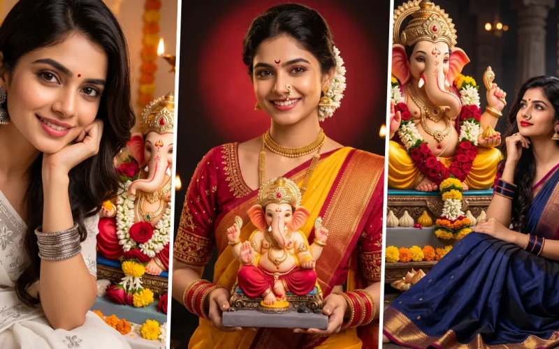 Woman in traditional saree posing with Lord Ganesha during Ganesh Chaturthi