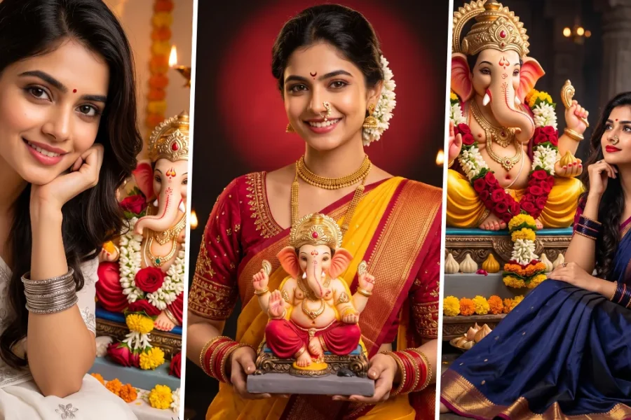 Woman in traditional saree posing with Lord Ganesha during Ganesh Chaturthi