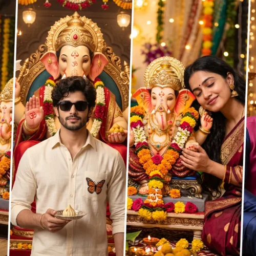 Men and women creating devotional Ganesh Chaturthi AI portraits with Lord Ganesha