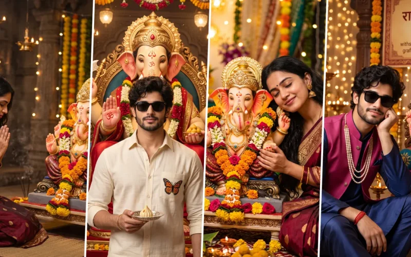 Men and women creating devotional Ganesh Chaturthi AI portraits with Lord Ganesha