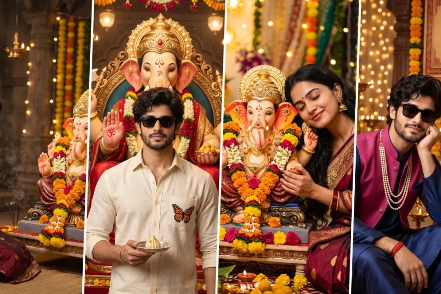 Men and women creating devotional Ganesh Chaturthi AI portraits with Lord Ganesha