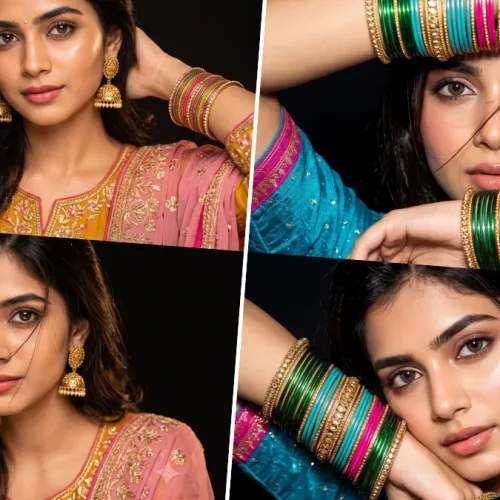 Indian girl in traditional ethnic clothing with colorful bangles and jhumka earrings