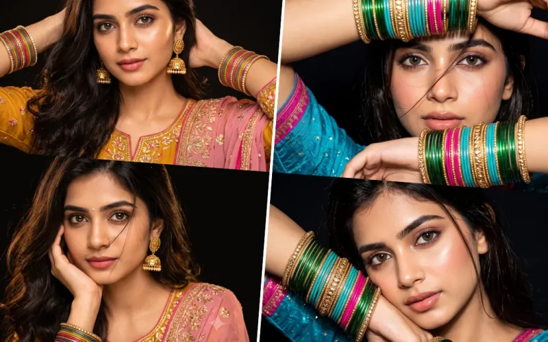 Indian girl in traditional ethnic clothing with colorful bangles and jhumka earrings