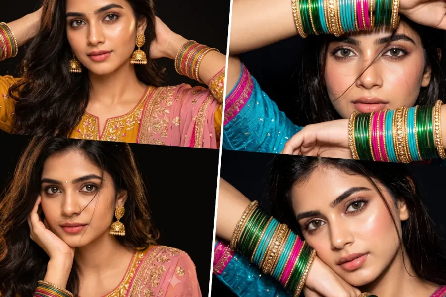 Indian girl in traditional ethnic clothing with colorful bangles and jhumka earrings