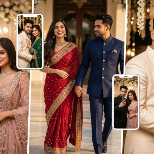 Indian couple posing in traditional outfits with a cream sherwani and green embroidered saree