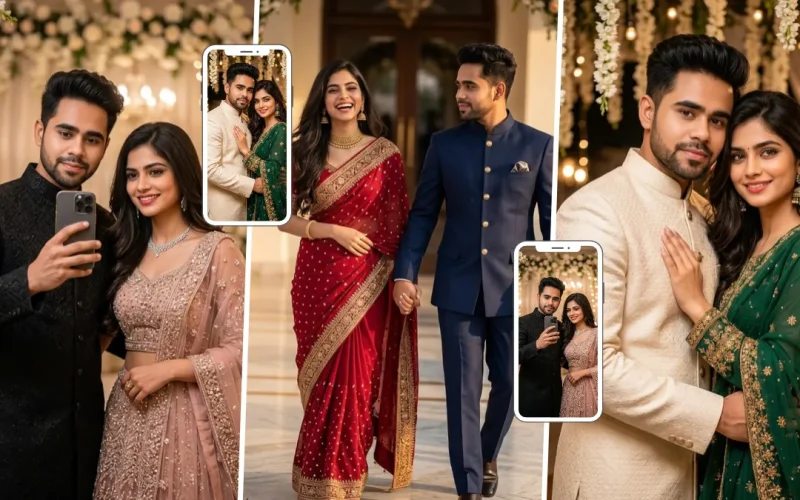 Indian couple posing in traditional outfits with a cream sherwani and green embroidered saree