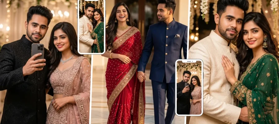 Indian couple posing in traditional outfits with a cream sherwani and green embroidered saree