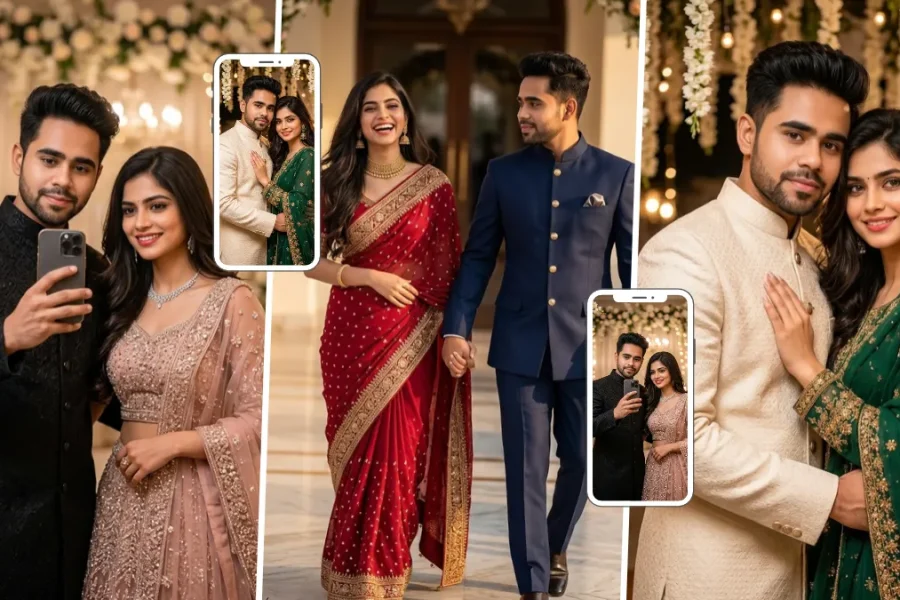 Indian couple posing in traditional outfits with a cream sherwani and green embroidered saree