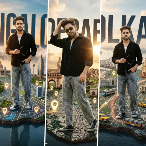 Stylish boy standing on cinematic 3D Kolkata city map with AI-generated travel poster photography