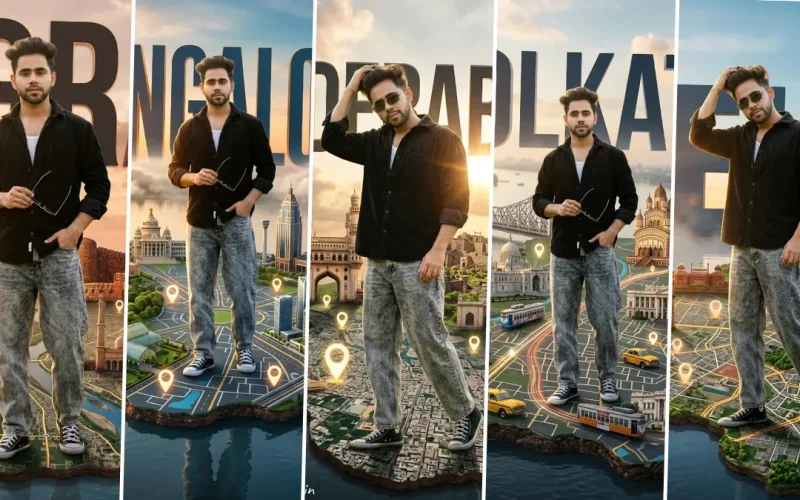 Stylish boy standing on cinematic 3D Kolkata city map with AI-generated travel poster photography