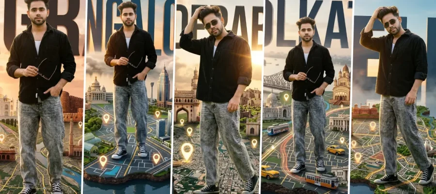 Stylish boy standing on cinematic 3D Kolkata city map with AI-generated travel poster photography